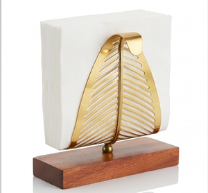 Porte-serviettes moderne en métal doré avec base en bois, design sur pied pour la maison, la cuisine et la restauration - Product Image 1