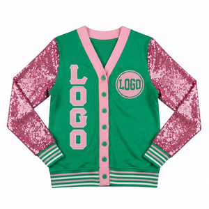 <b>Custom</b> Green Pink Sequin Sleeve V Neck Cardigan Sweater Women Greek Apparel Embroidery Logo Knit Button New Design Umri Sports - Product Image 5