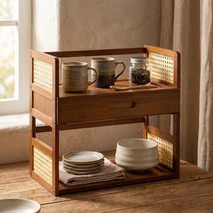 Wooden Three Tier <b>Storage</b> <b>Rack</b> For <b>Kitchen</b> Countertop Spice Organization Minimalist Style Durable Standing Type with drawer - Product Image 2