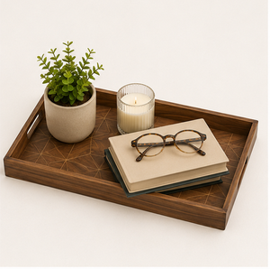 Handcrafted Rectangular Acacia <b>Wooden</b> Serving Tray With Handles Decorative Geometric Inlay Platter For Breakfast in <b>Bed</b> Coffee - Product Image 6