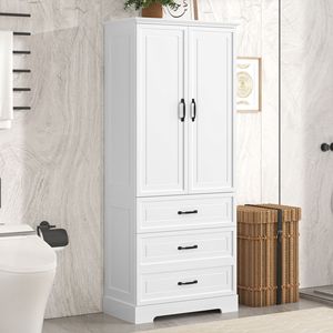 Mobiletto Alto da Bagno in MDF Bianco con Due Ante e Cassetti, Ripiano Regolabile - Product Image 2
