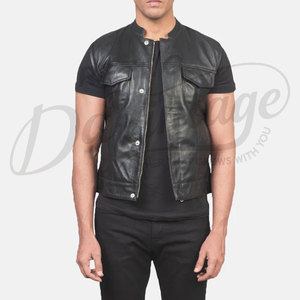 Chaleco de Cuero Genuino Negro Personalizado para Hombre, Corte Ajustado, Sin Cuello, con Cierre de Cremallera, Botones a Presión y Bolsillos en el Pecho - Product Image 5