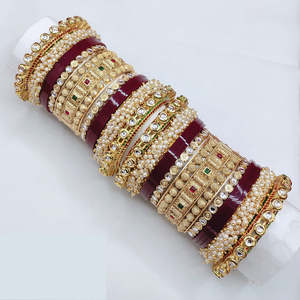 Charming Kundan Stone and Pearl Acrylic Bridal Bangles Premium Gold Plated <b>Set</b> for Women Festive and Bridal Jewelry - Product Image 1