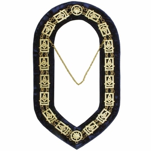 Collar de cadena Past Master Blue Lodge chapado en oro sobre terciopelo azul con insignias cosidas estilo clásico - Product Image 4