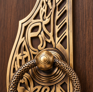 Poignée de porte gothique ornée en laiton avec plaque de support ajourée en forme de feuille et anneau de préhension pour l'entrée de grandes villas et hôtels - Product Image 2