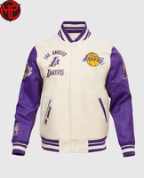 Veste de baseball pour homme avec logo des Lakers de Los Angeles, manches en cuir blanc et violet, broderie, veste bomber pour homme