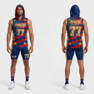 ชุดทีมฟุตบอลธง 7v7 สีน้ำเงิน แดง ลายดาวทอง เสื้อกล้ามมีฮู้ดและกางเกงขาสั้น - Product Image 1