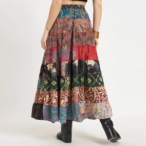 Wholesale BohemianTiered <b>Patchwork</b> women's casual <b>skirts</b> Ankle-Length Colorful silk <b>skirt</b> Smooth comfortable pleated <b>skirt</b> - Product Image 2
