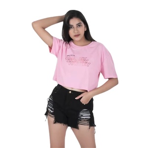 เสื้อยืดแขนสั้นผ้าฝ้ายทรงครอปพิมพ์ลายตัวอักษร แขนเสื้อแบบแร็กแลน เสื้อยืดเด็กผู้หญิง พิมพ์โลโก้ตามสั่ง เสื้อครอปสำหรับผู้หญิง - Product Image 1
