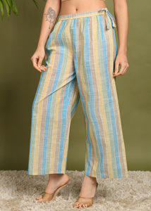 Pantalones Palazzo de Algodón Khadi Teñido con Hilo para Mujer, Rayas Pastel, Cintura Elástica Suave, Culottes de Verano, Pantalones Casuales Boho a la Moda - Product Image 2