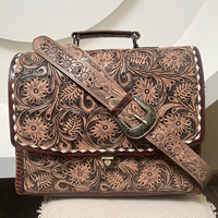 Fabriqué à la main Western porte-documents en cuir véritable Buck Stitch sac de travail pour les femmes dissimulé transporter bandoulière pochette d'ordinateur