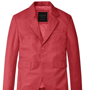 <b>Leather</b> Cult <b>Men's</b> Red <b>Leather</b> <b>Blazer</b> Single Button Satin Lined Smart Casual Jacket - Product Image 5