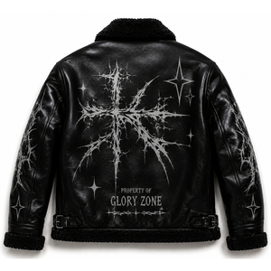 Custom Men's Black Leather Biker <b>Jacket</b> With Cross Print <b>Sherpa</b> <b>Lined</b> Winter Moto <b>Jacket</b> Zipper Closure For Unisex - Product Image 2
