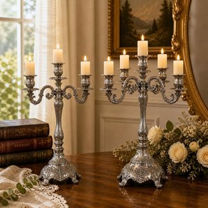 Antique Silver Candelabra 5 Arms Decorative Home <b>Lighting</b> Ornament 44cm Height Heat Resistant Durable Design - Product Image 1