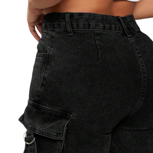 Shorts cargo en jean noir pour femme, coupe droite, avec poches utilitaires, style streetwear décontracté, respirant, séchage rapide, en coton et denim, pour l'été - Product Image 4