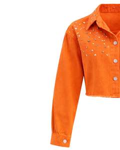 Chaqueta Vaquera Corta Naranja Personalizada para Mujer con Cierre de Botones Frontales con Pedrería, Manga Larga, Estilo Urbano, Top para Fiesta - Product Image 5
