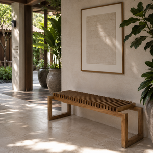 Banc de patio en bois moderne, design minimaliste, mobilier d'extérieur, siège à lattes durable pour jardin, villa, resort - Product Image 2