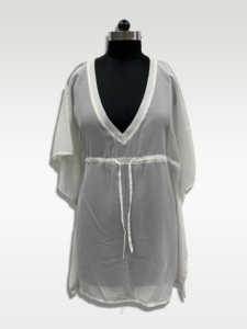 <b>White</b> <b>Chiffon</b> Deep V Neck Loose Batwing Sleeve Mini Dress With Drawstring Waist Casual Summer Style - Product Image 1
