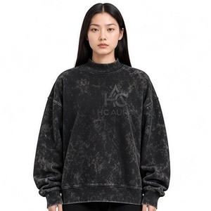 Top Trending Acid Washed Oversized Customizable <b>Fleece</b>/Cotton Sweatshirt <b>Black</b> Color Premium Mock Neck Drop Shoulder Pullover - Product Image 2