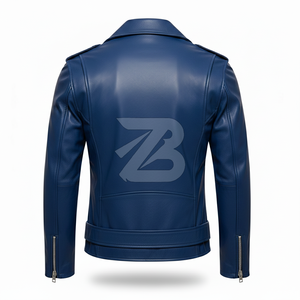 Chaqueta de Motero Zarina Wear para Hombre, de Cuero Genuino y Lona, para Invierno, Color Azul Rey, Cierre Asimétrico, Cinturón en la Solapa, OEM - Product Image 5