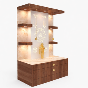 Teak Wood Home <b>Mandir</b> with LED Backlit Corian Backdrop | 75cm x 110cm Designer Puja Temple | <b>Mandir</b> with Storage Drawers - Product Image 3