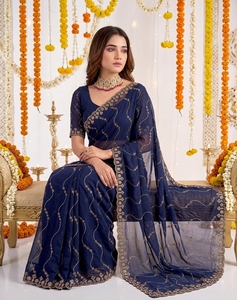 Sari de Seda Azul con Bordado Dorado, Traje Tradicional Indio para Bodas, para Mujer, Largo hasta el Suelo, Corte Regular - Product Image 3
