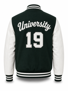 Chaqueta Varsity Unisex Verde con Mangas Blancas, Parche Bordado con la Letra U, Estilo Urbano, Cuello Camisero, Informal de Invierno - Product Image 4