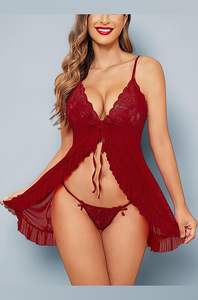 Ensemble de lingerie babydoll en dentelle transparente pour femme avec ourlet à volants et string assorti - Product Image 6