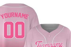 Camiseta de béisbol personalizada con degradado rosa, con nombre del equipo y número, estampado por sublimación, unisex, para adultos, de manga corta, con botones al frente. - Product Image 4
