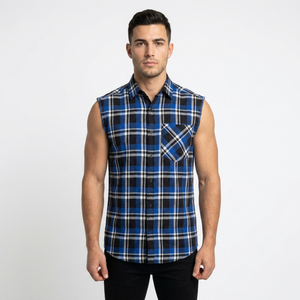 Camisa de Franela a Cuadros sin Mangas para Hombre, Azul y Negro, Cuello Camisero, Transpirable, 100% Algodón, para Otoño - Product Image 1