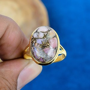 Natural Pink <b>Opal</b> Copper Cushion Shape Gemstone <b>Ring</b> 18k <b>Gold</b> Finish Oval 925 Sterling Silver - Product Image 2