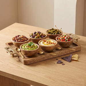 Premium Wood <b>Serving</b> <b>Set</b>: 6 Round Handcrafted Bowls On A Rectangular Tray With Brass Handles. Ideal For Appetizers And <b>Serving</b> - Product Image 6