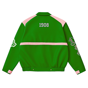อัลฟ่า |   คาปา |   เสื้อแจ็คเก็ตหนัง PU แบบ Varsity ของ Alpha Sorority สำหรับผู้หญิง แจ็คเก็ตบอมเบอร์หนังเทียมติดกระดุมแบบ Snap คอตั้ง - Product Image 3