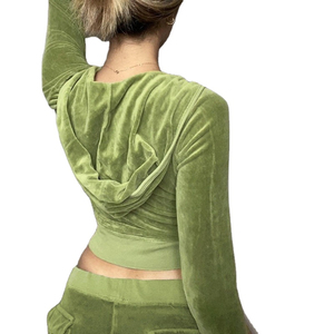 Women Green Velour Hooded <b>Zip</b>-<b>Up</b> <b>Crop</b> Top With Side Pockets Casual Autumn Wear Full Sleeve Tracksuit Set - Product Image 2