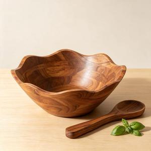 Bol en bois rustique fait main au design classique, plat de service en bois naturel non traité, mangue et acacia, pour fruits, collations, salades, cuisine et salle à manger - Product Image 5