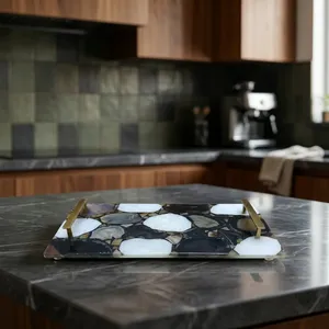 Luxury <b>Black</b> Agate Stone Serving Tray with Gold Metal Handles Handmade Rectangular Decorative Kitchen Coffee Table Home Display - Product Image 3