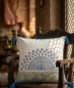 Artisan Hand-<b>Blocked</b> Traditional Decorative Pillow Case Featuring Semicircular Motifs and <b>Corner</b> Tassels, Bulk Supplier18X18 - Product Image 3