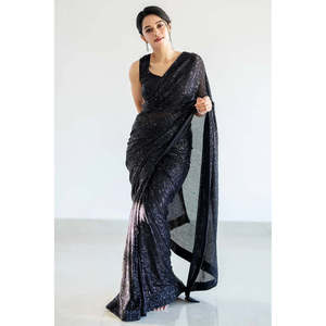 Sari de Fiesta para Mujer de Diseñador con Trabajo de Lentejuelas y Borde de Ribete - Product Image 3