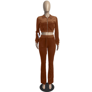 Women Brown Cropped Zipper Jacket Set Full Sleeve Knitted Casual Jogger <b>Pants</b> Breathable Lined Hooded Summer Wear - Product Image 1