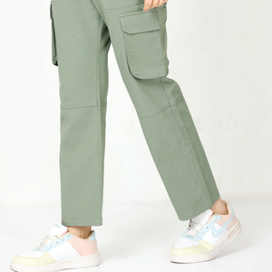 Women Cargo <b>Pants</b> Solid Green Mid Waist Ankle-Length Casual <b>Pants</b> With Pockets Breathable Woven Regular Fit - Product Image 2