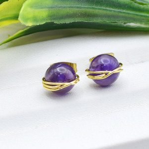 Amethyst Gemstone Stud Earrings | Handmade Wire <b>Wrapped</b> | February Birthstone <b>Gift</b> - Product Image 2