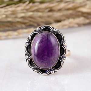 Handmade Purple Amethyst Oval Bezel Setting Sterling <b>Silver</b> Floral Border Design <b>Boho</b> & Hippie Wedding Party <b>Ring</b> Unisex - Product Image 1