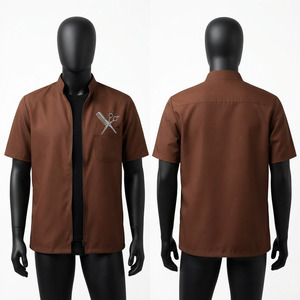 Veste de barbier pour homme, tissu sergé en polycoton premium 200 GSM, marron, manches courtes, veste de travail avec logo personnalisé brodé, uniforme de salon - Product Image 1