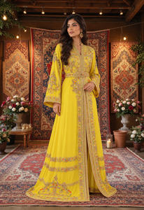 Goldener Blüten-Gelber Samt-Marokkanischer Kleid mit Aufwendiger Handstickerei für Muslimische Frauen, Maxi V-Ausschnitt, Atmungsaktiv, für Hochzeiten - Product Image 4
