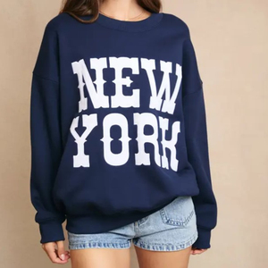 Sweat-shirt pour femme, coupe oversize, bleu marine, effet délavé, imprimé personnalisé, col rond, épaules tombantes, 100% coton tricoté, respirant, hiver - Product Image 2