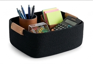 Panier de rangement rectangulaire tissé avec poignées en cuir, design minimaliste pour l'organisation du salon, 50x40x30cm, fibre de rotin - Product Image 5