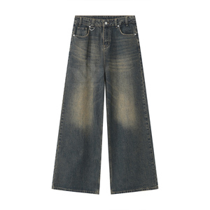Jean en denim bleu clair pour homme, coupe large, taille haute, décontracté, longueur intégrale, en coton délavé, style streetwear, mode quotidienne - Product Image 4
