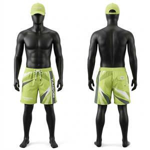 Shorts de baño premium de poliéster de 140 GSM de secado rápido, color negro, con panel lateral sublimado y logotipo personalizado por transferencia térmica. - Product Image 3