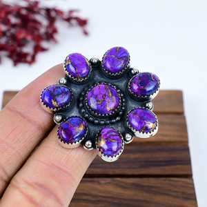 Anillo de Cobre con Turquesa Púrpura en Racimo, Plata de Ley 925 Oxidada, Joyería Floral Boho con Piedras Preciosas, Regalo para Ella - Product Image 4