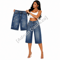 Jeans capri en denim à jambes larges avec strass personnalisés pour femmes |   Jean Culotte Taille Haute Cropped |   Mode ornée de cristaux étincelants